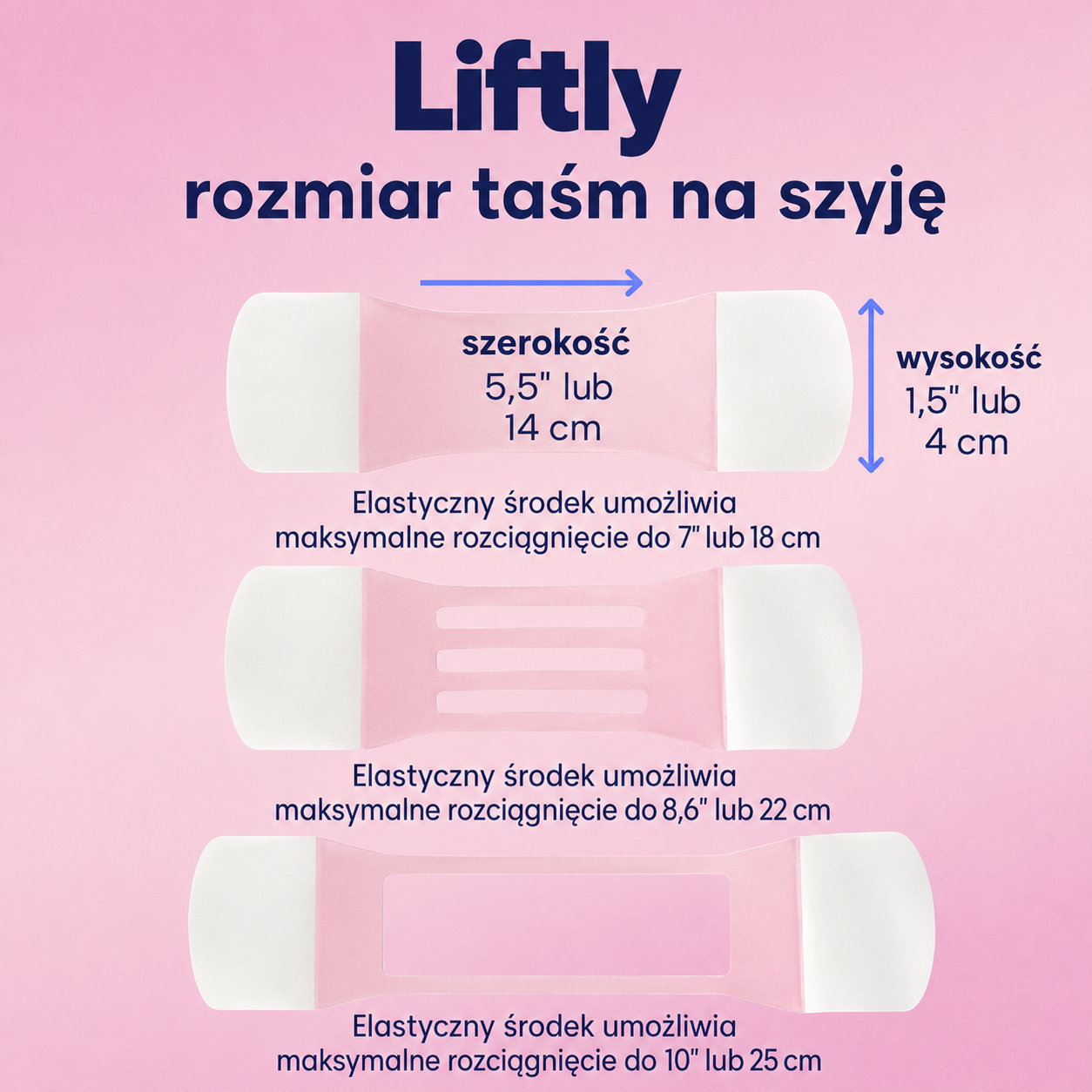 Liftly na szyję — rozmiar taśm